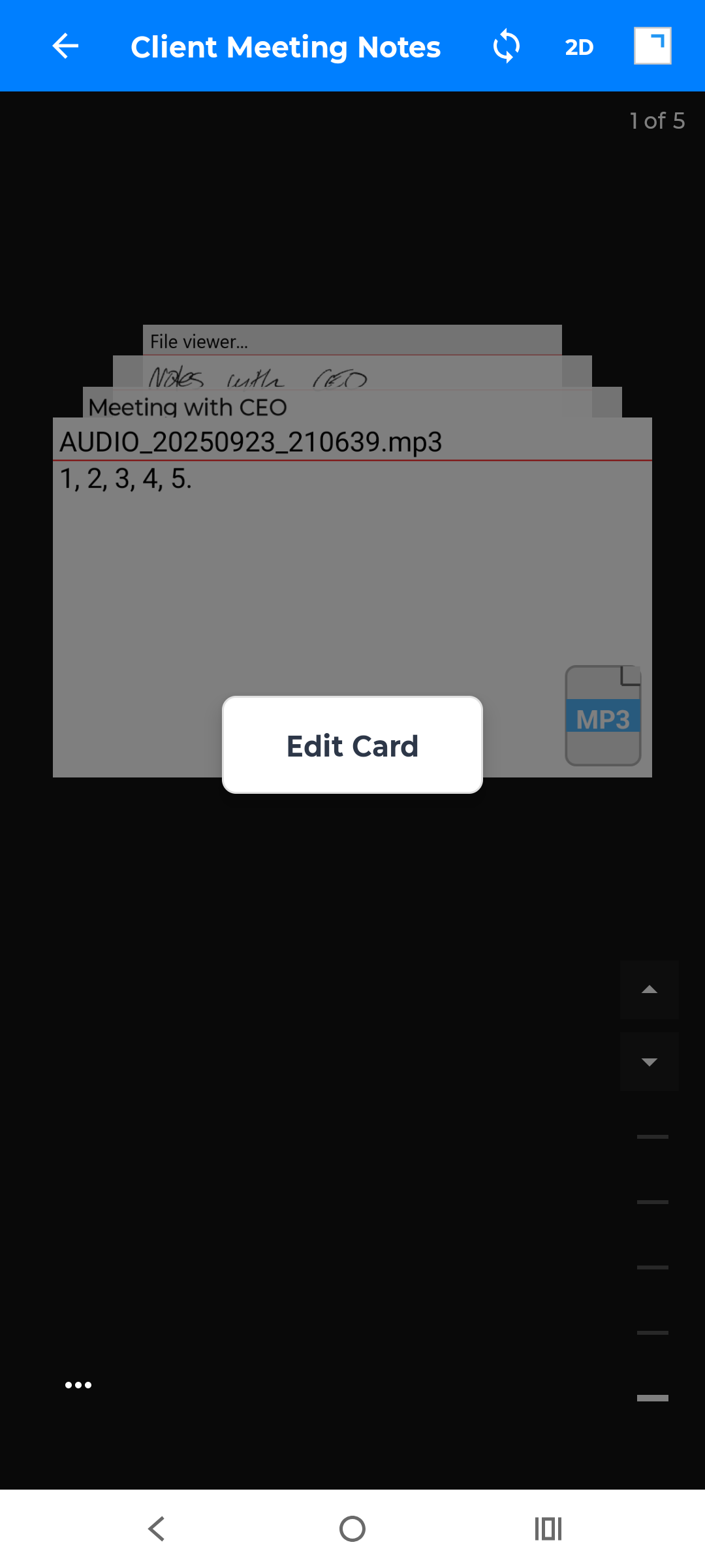 Tap card and select 'Edit' to open Edit view and make text and ink edits.